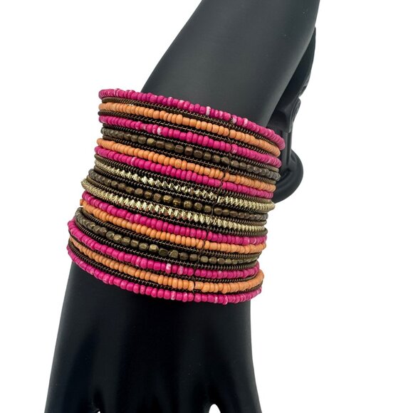 Multicolor Beaded Cuff Bracelet With Pink Gold Brown Beads - Picture 2 of 4